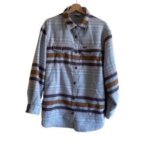 Columbia Calico Basin Shirt Jacket Shaket Woman Large Grey Stripped Pockets Cozy